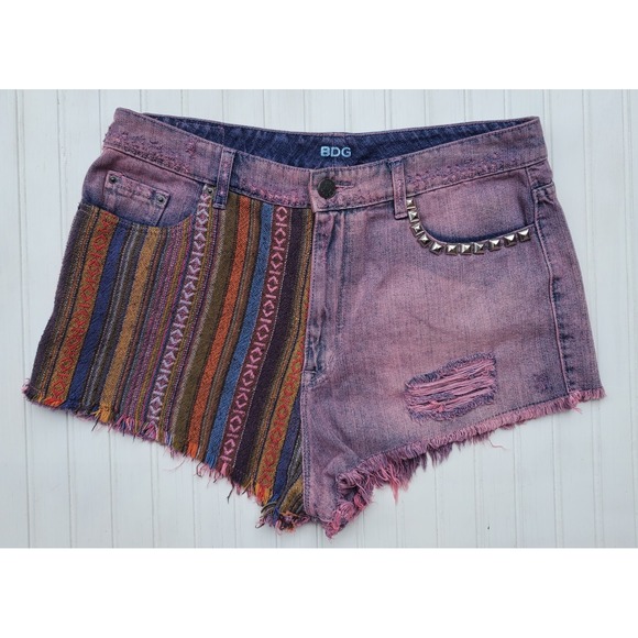 BDG Pants - BDG High Rise Dree Cheeky Purple Acid Wash Studded Boho Denim Shorts 32